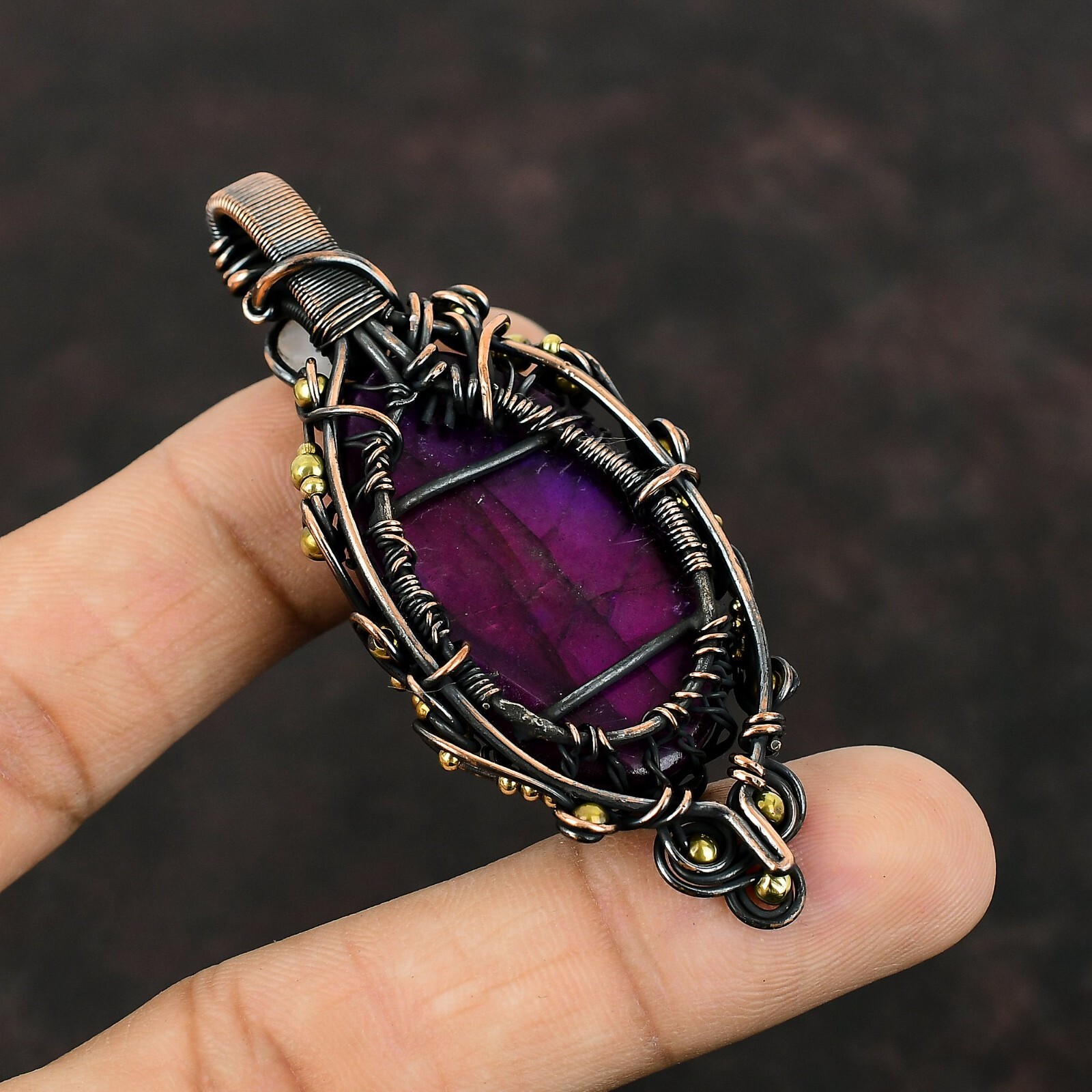 Purple Fire Labradorite Wire Wrapped Tree Of Life Pendant Copper For Women 2.8″