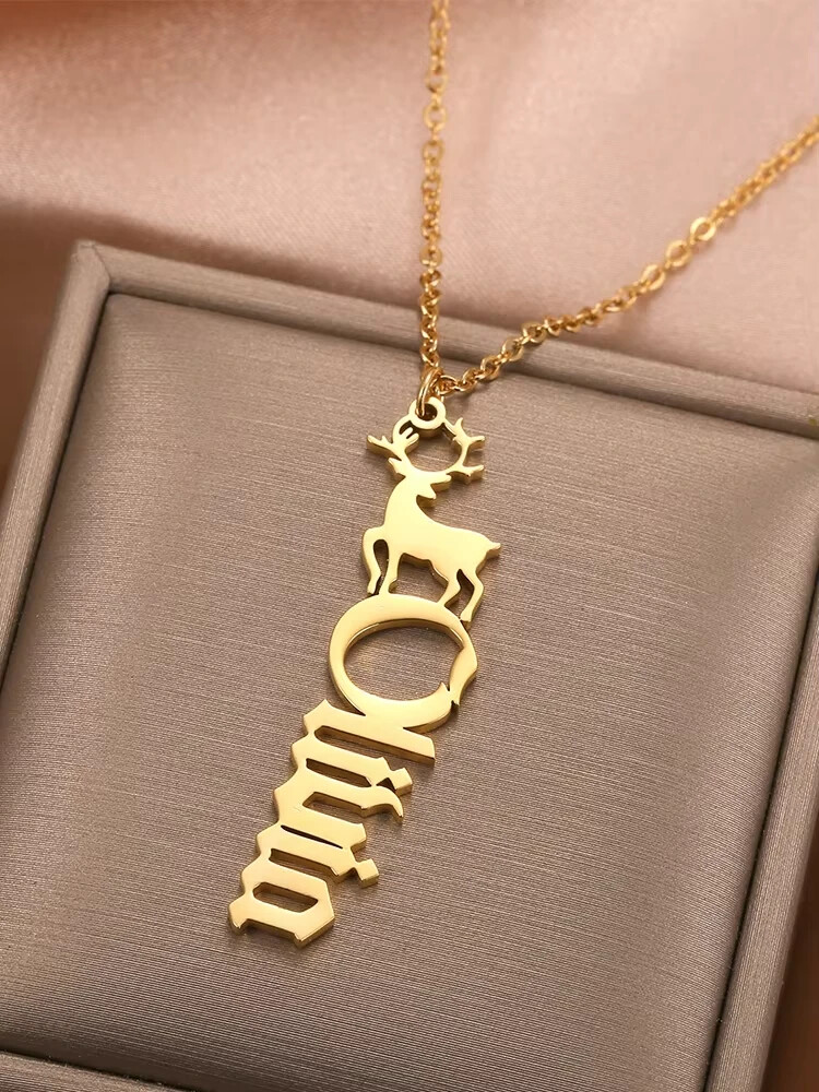 Customized Deer Vertical Name Necklace Pendant Holiday Christmas Gift Family