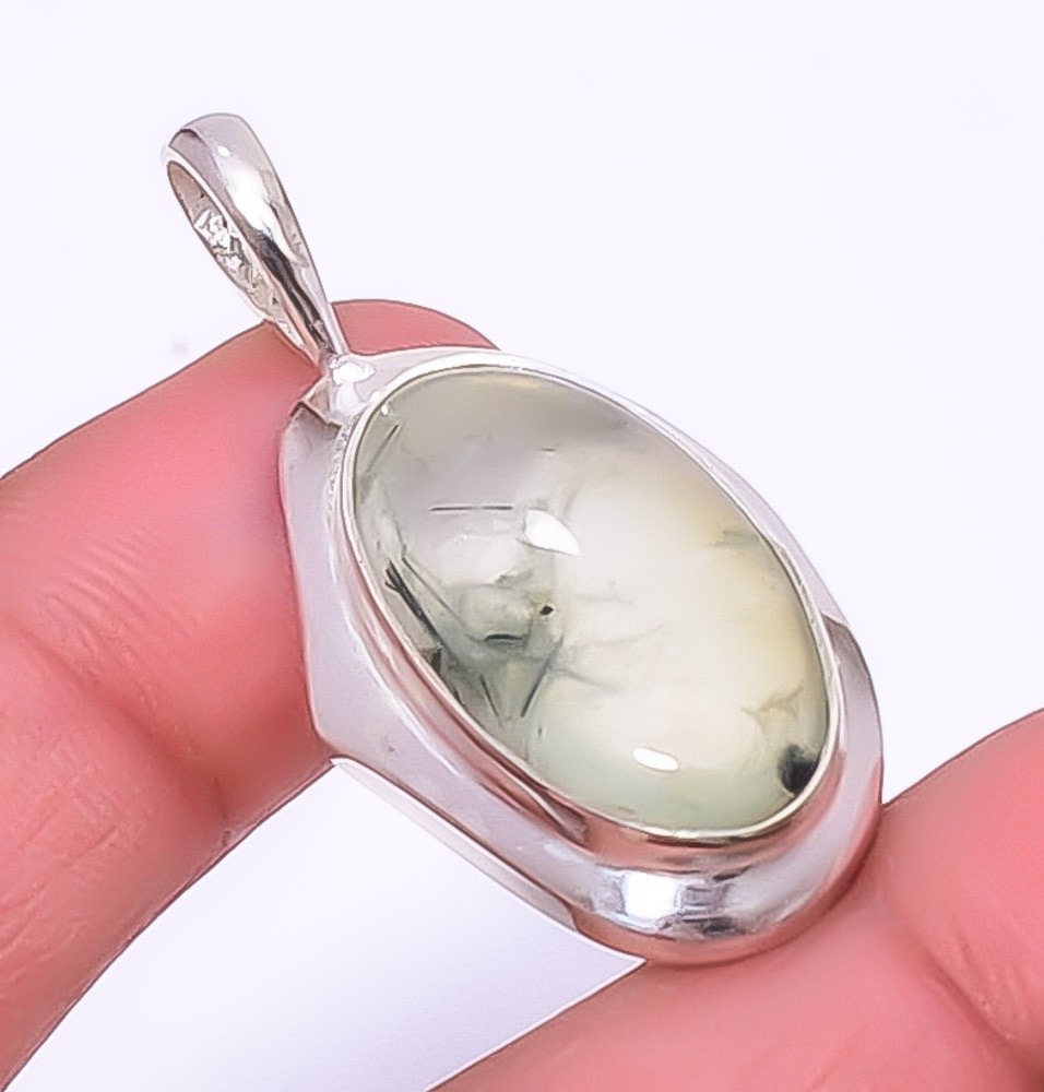 Prehnite Gemstone 925 Silver Plated Handmade Jewelry Pendant 1.64″ A399