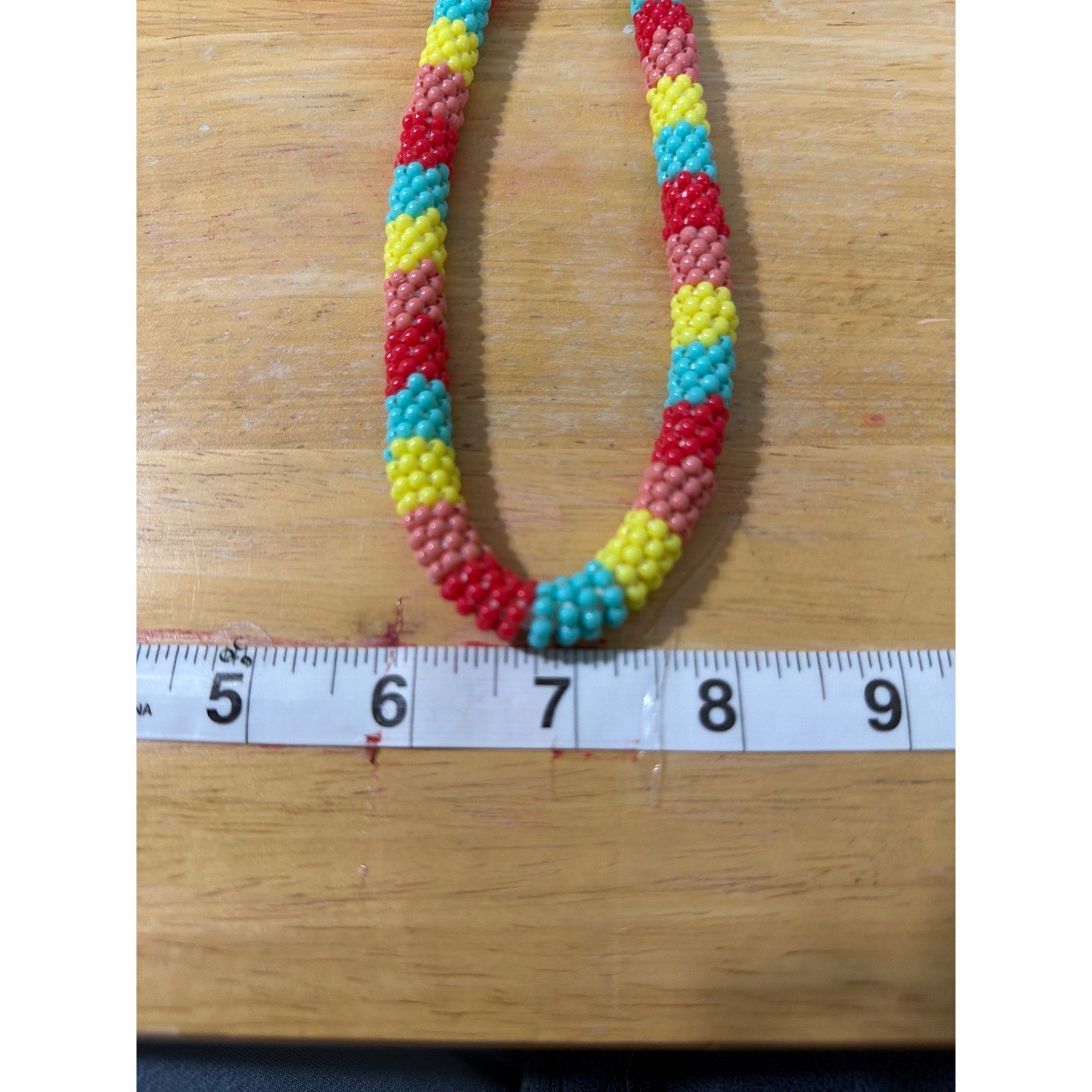 Handcrafted Colorful Striped Beaded Rope Necklace Red Pink Yellow Blue 14 Inch