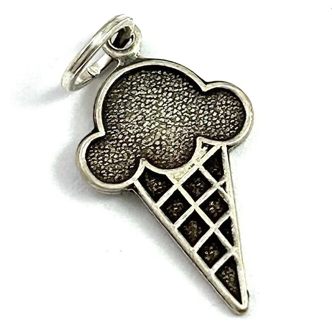 Ice Cream Cone Charm Dessert Pendant Novelty Antiqued Silver Plated Brass