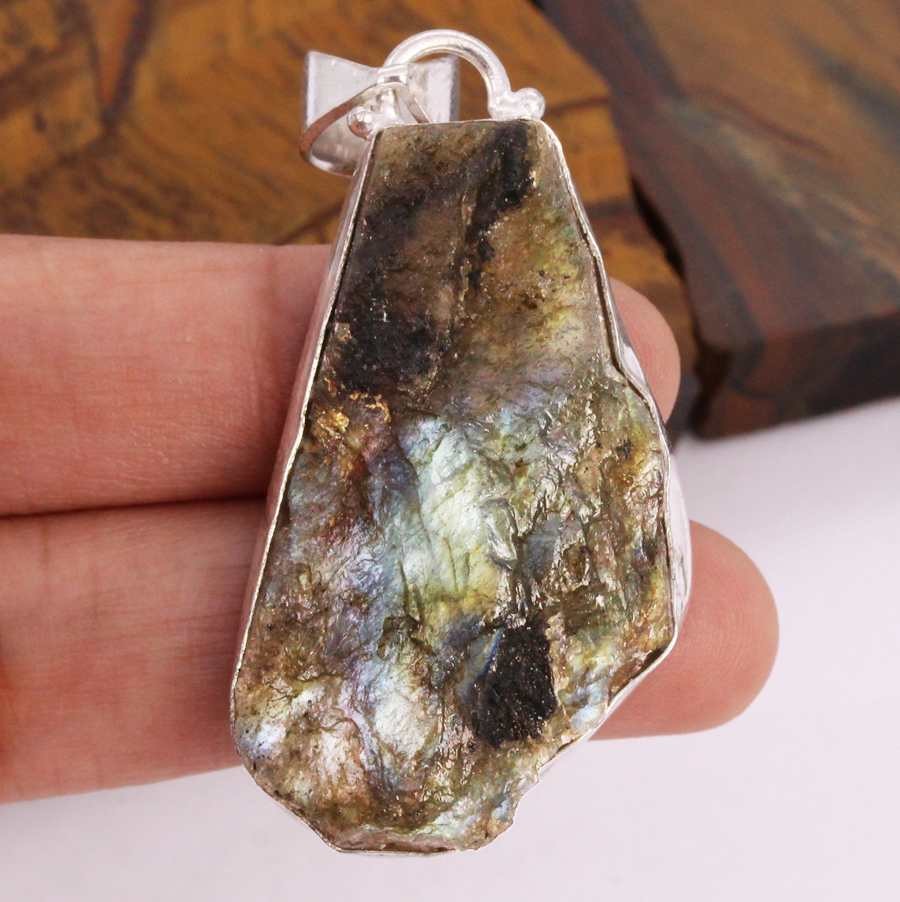 Rough Firey Labradorite 925 Silver Plated Handmade Pendant of 2″