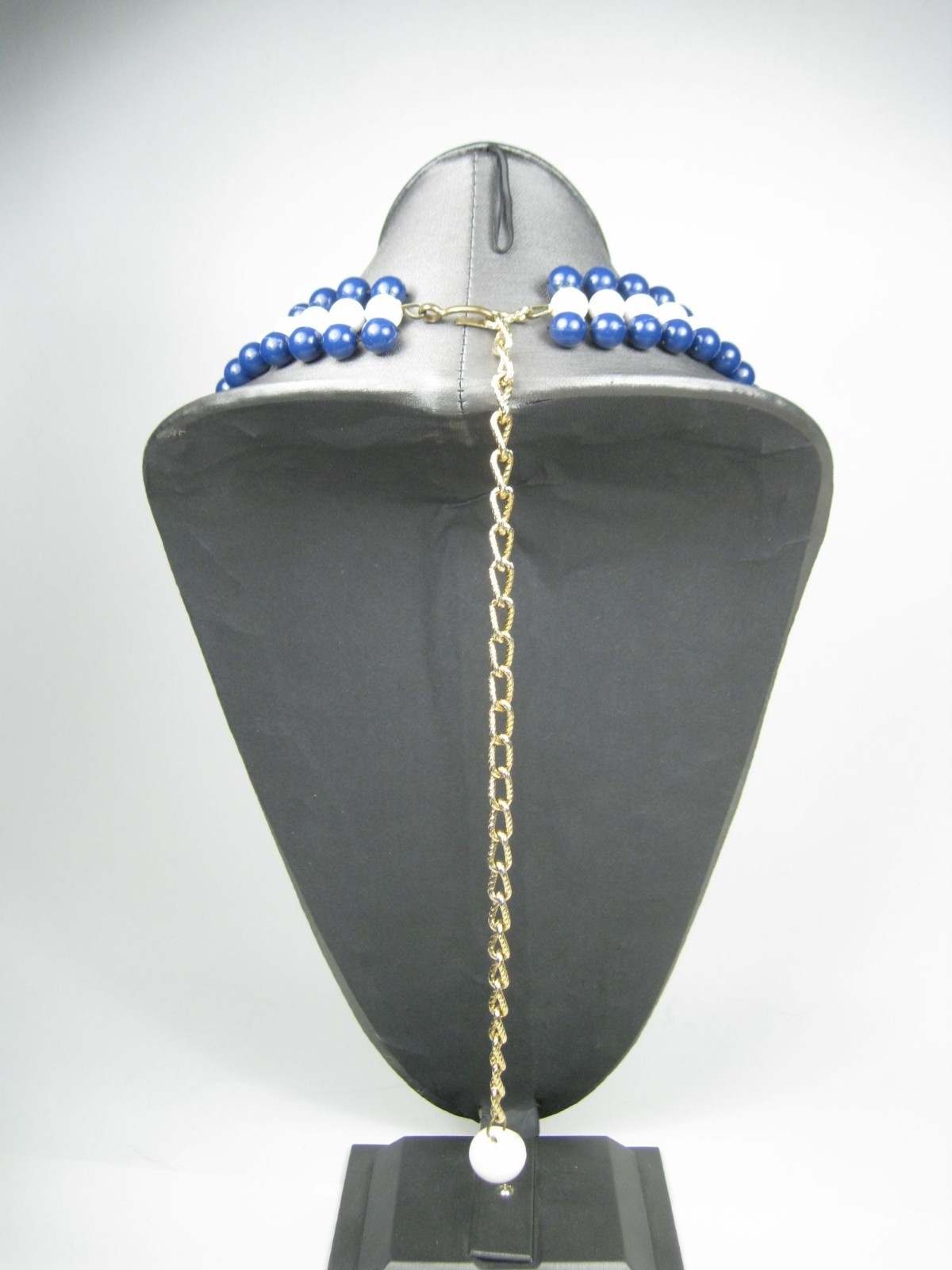 Classic Multi Strand Navy Plastic Beaded Necklace Gold Tone Chain Layered 50 in