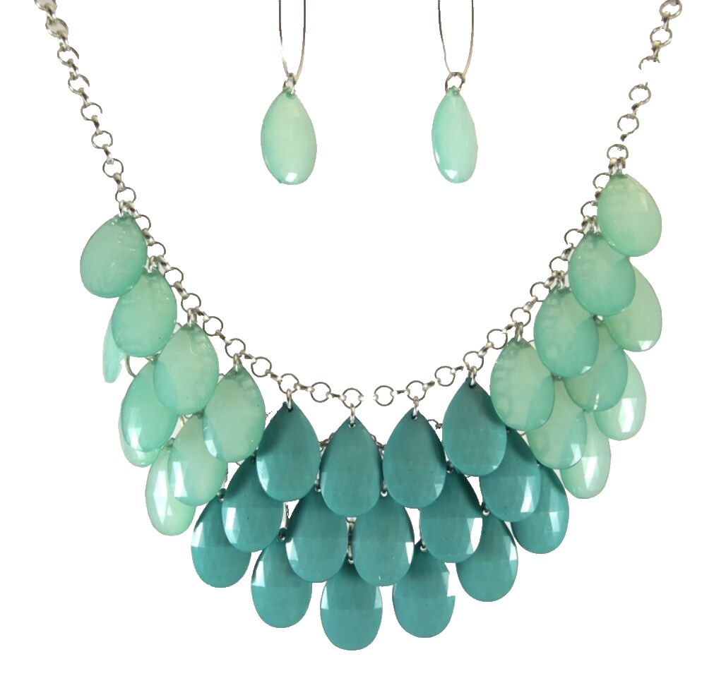 New Layered Necklace Earring Set with Seafoam Aqua Teardrop Beads #N2328