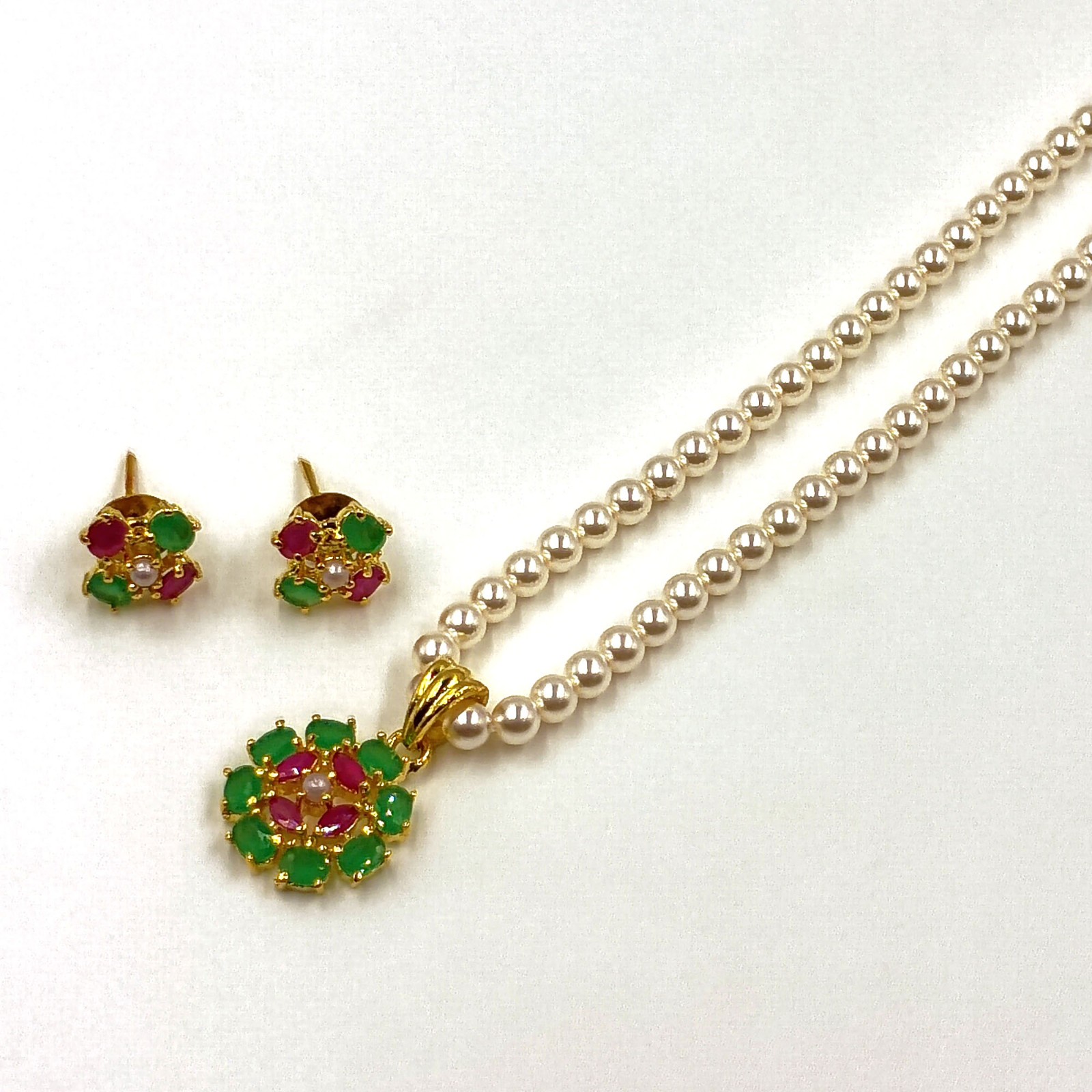 Ruby Emerald Pearl Pendant Set, 22k Gold Plated Traditional Indian Wedding Jewel