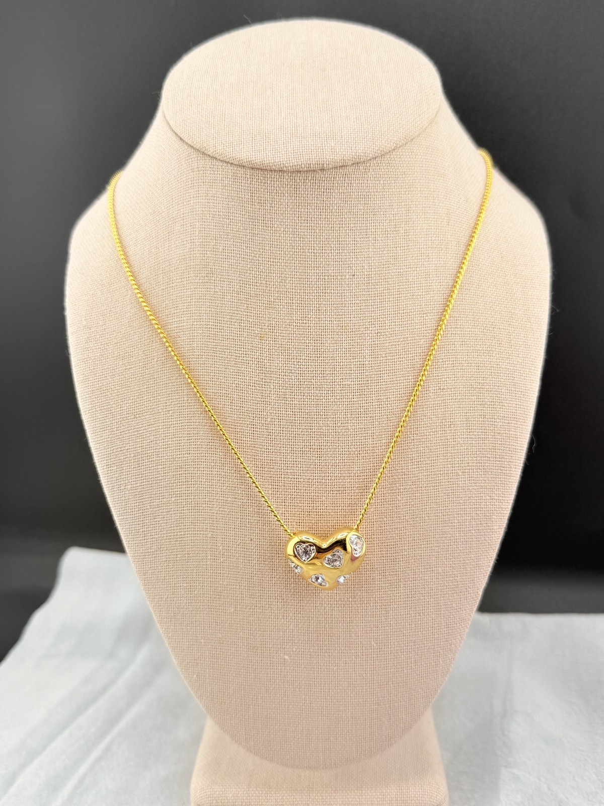 Nolan Miller Forever Heart Necklace Puffy Rhinestone Gold Tone 22″