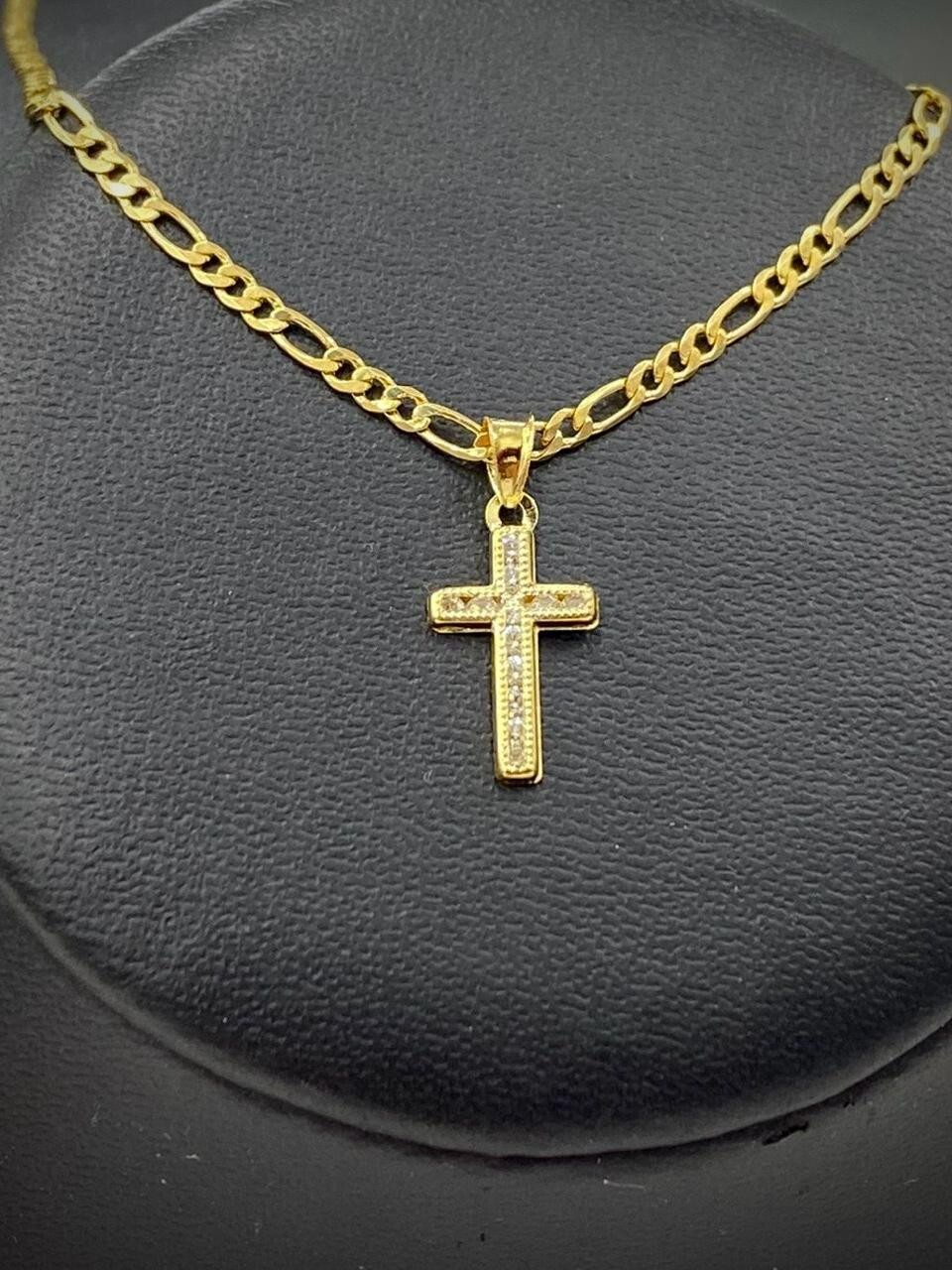 Men Women Cross CZ Pendant 14k Gold Filled Figaro Chain Necklace Baby Kids 17×10