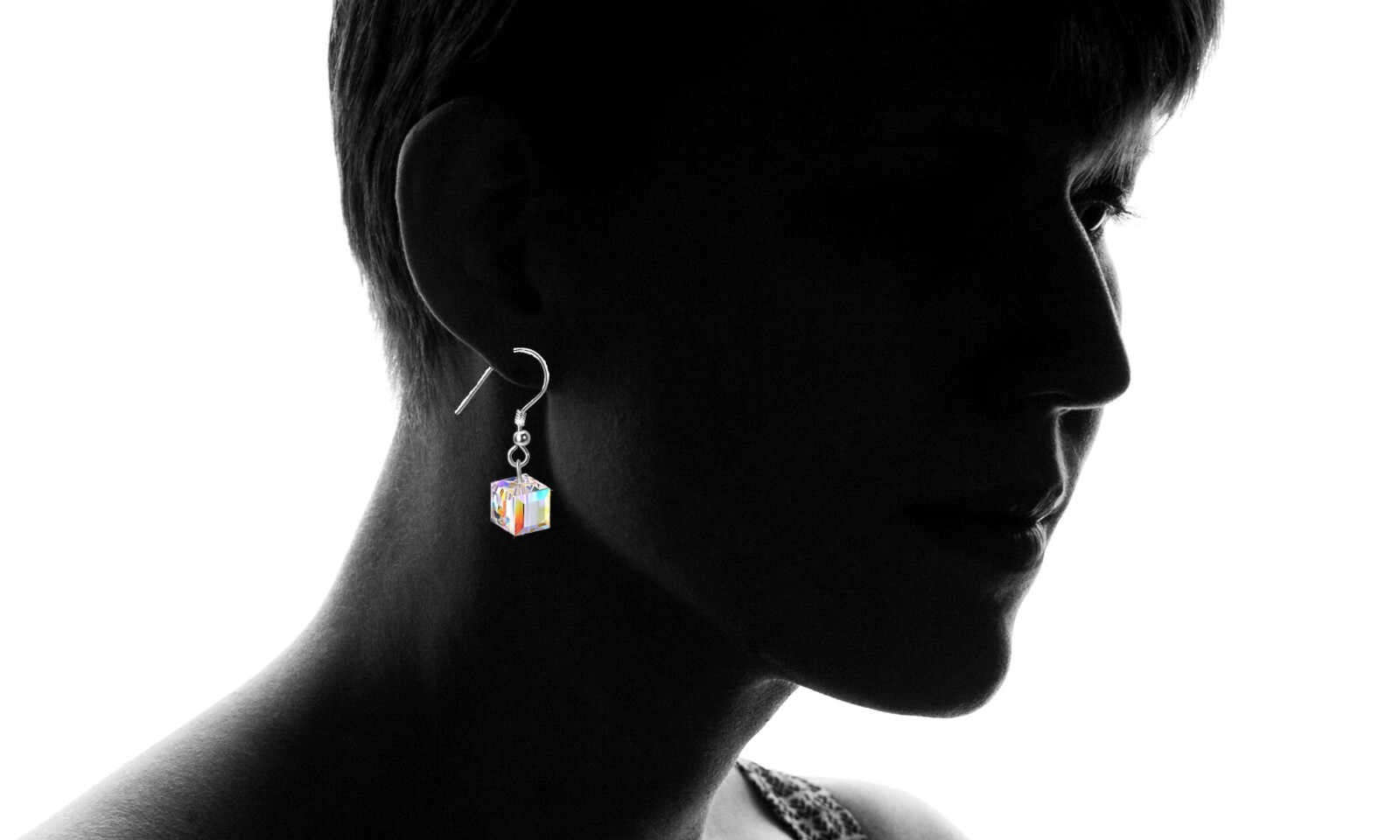 18k White Gold Plated Aurora Borealis Crystal Cube Drop Hook Earrings
