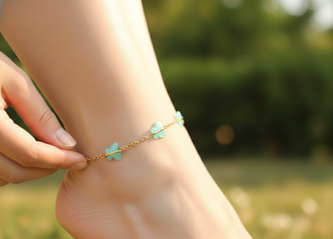 Handmade 18K Gold Sea Green Butterfly Anklet – Dainty Minimalist Foot Chain