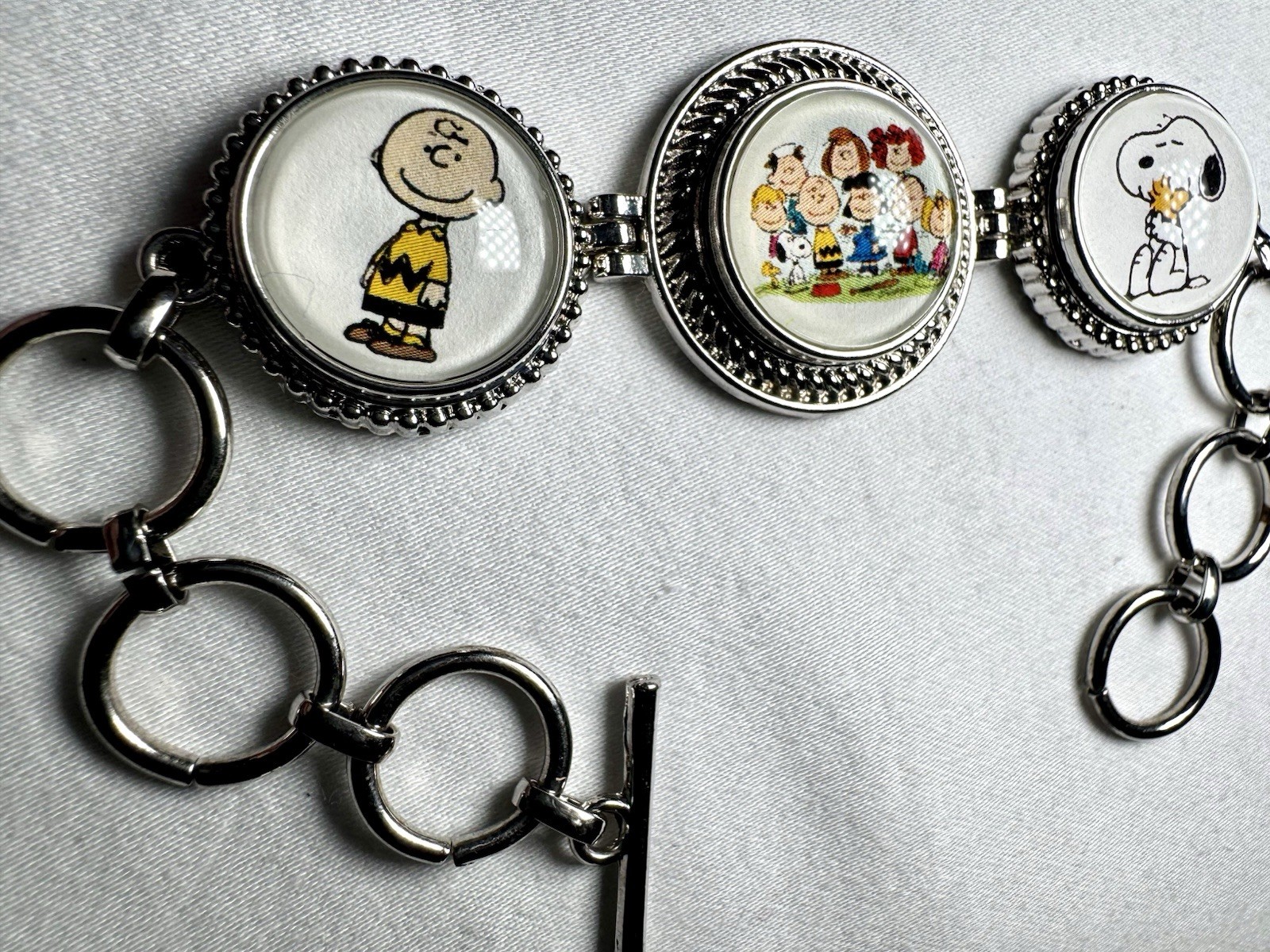 Peanuts Gang Snoopy Woodstock Charlie Brown Lucy Peppermint Silver Tone Bracelet