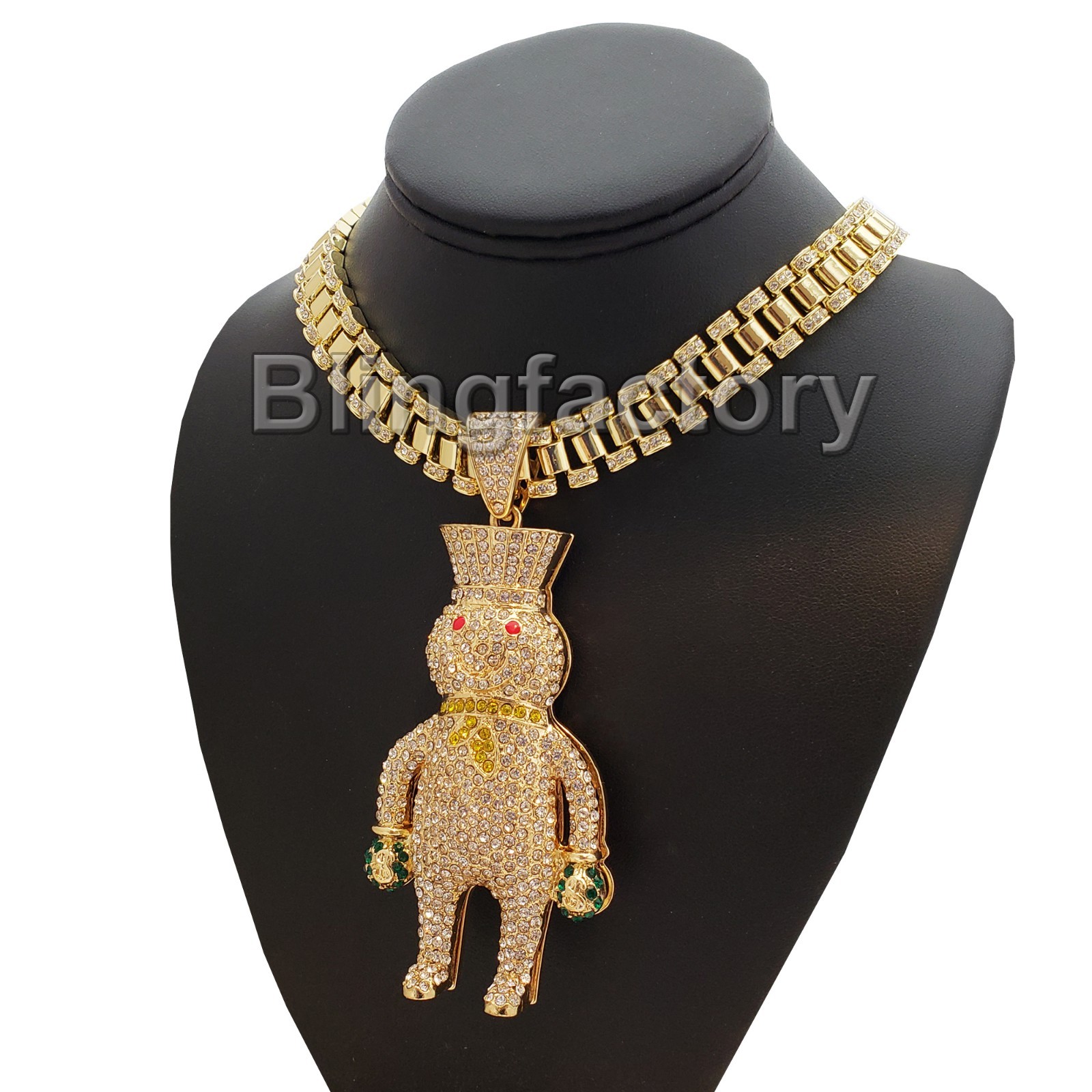 Hip Hop Iced Doughboy Pendant & 18″ Iced Rollie Link Choker Chain Bling Necklace