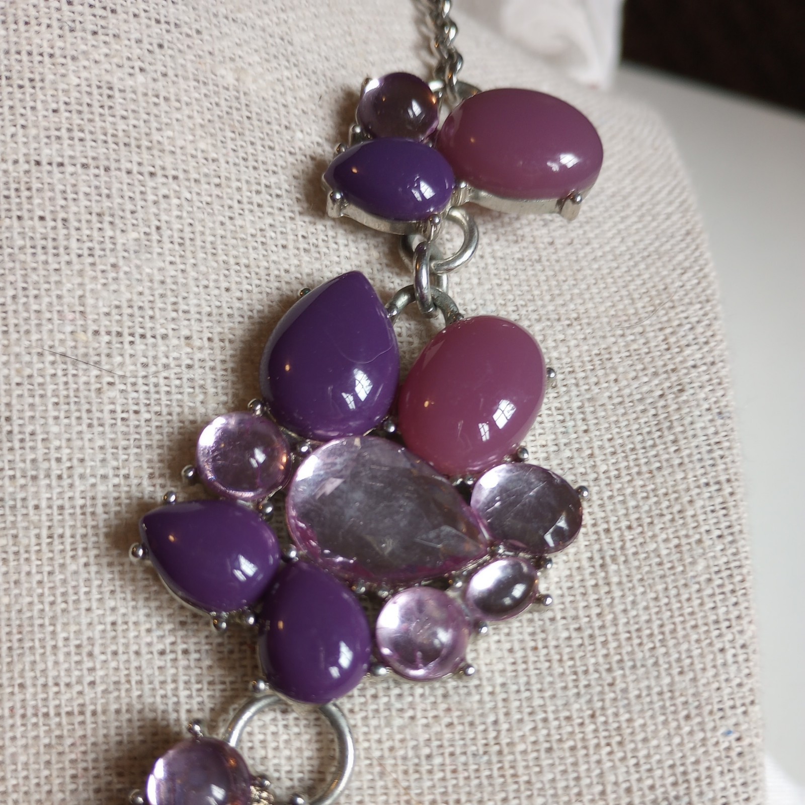 WHBM purple cabochon rose sparkling rhinestone bib statement 18″ Necklace