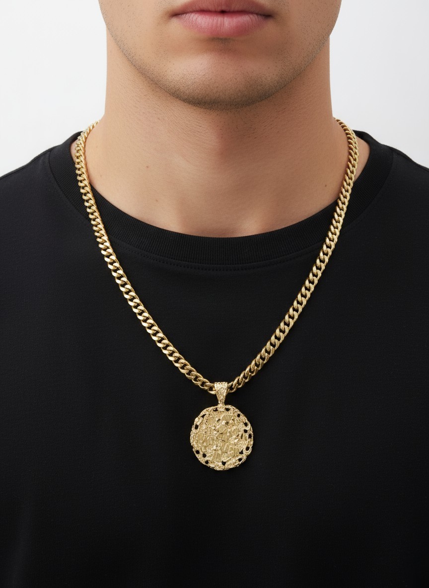 Gold Nugget Necklace, Round Nugget Pendant, 7mm Curb Chain, 14k Gold Plated
