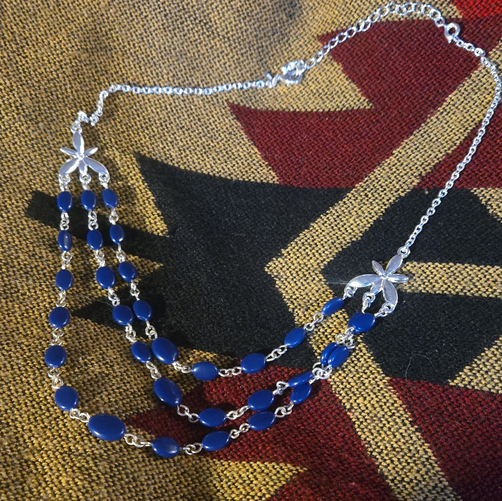 Avon Blue Multi-Strand Beaded Cable Chain Necklace Silver Tone Flower Links