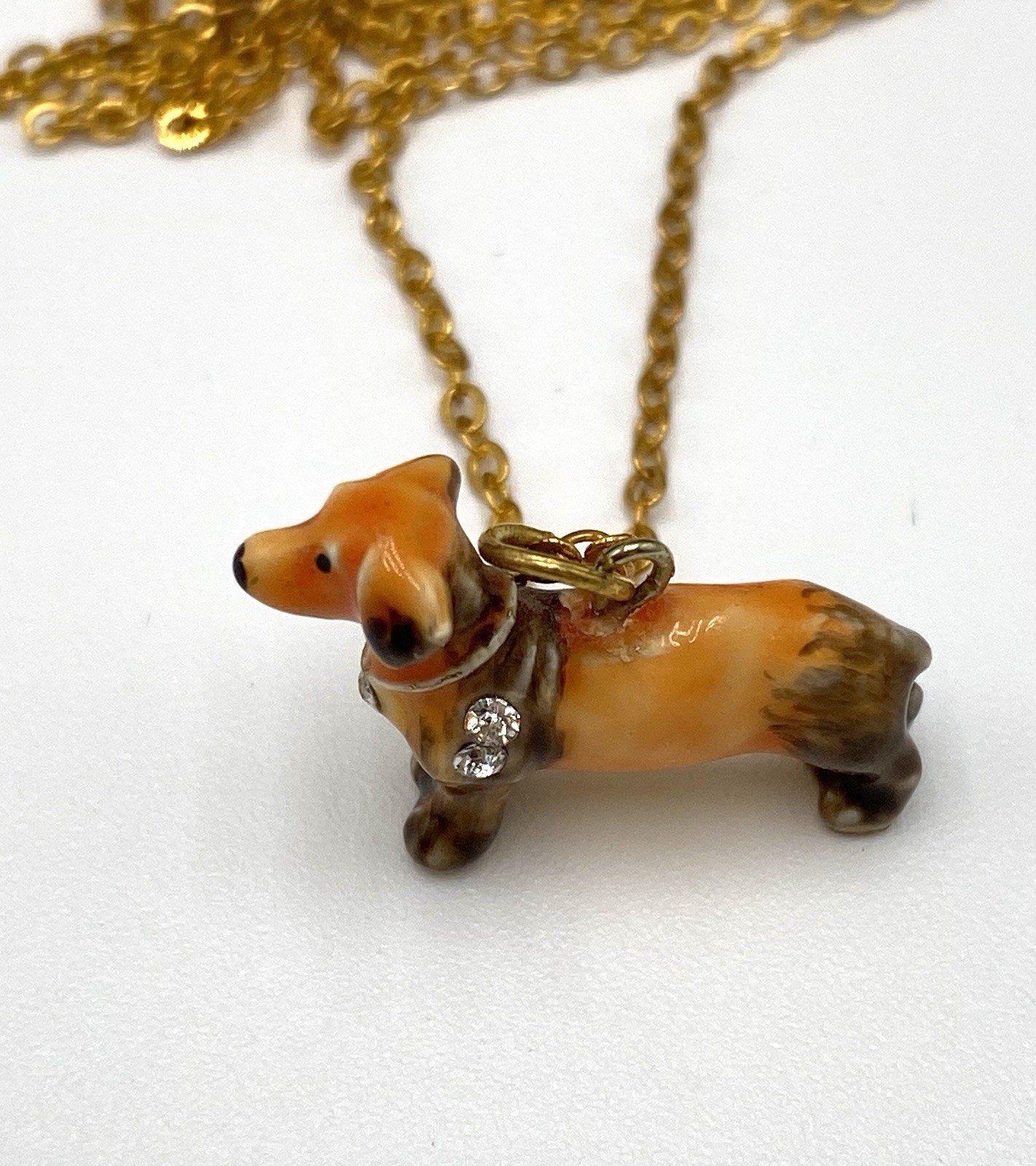 Enamel Ceramic Tiny Dachshund Pendant Necklace 20”
