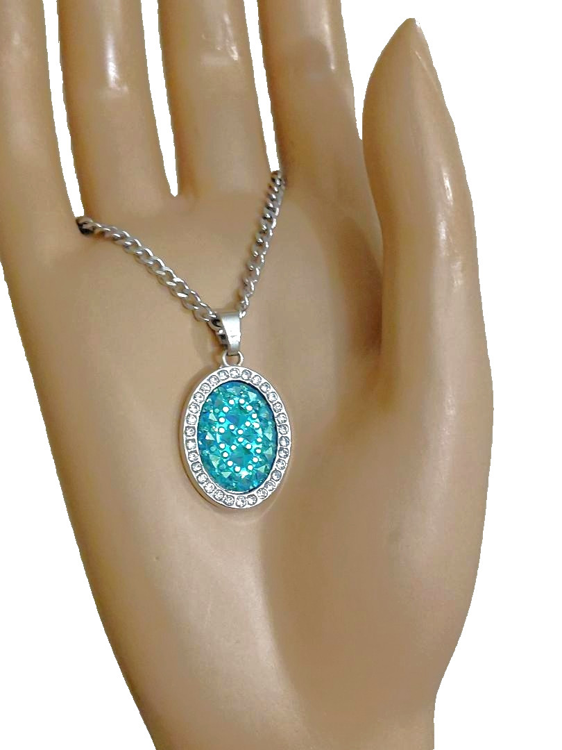 Turquoise Resin Druzy Pendant in Stainless-Steel 13x18mm With Rhinestone Halo