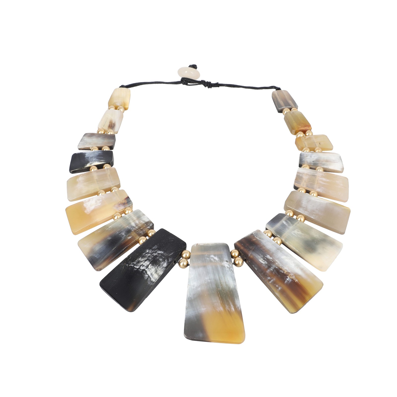 Buffalo Horn Trapezoid, Statement Piece, Cotton Cord Goldtone Necklace 20 In