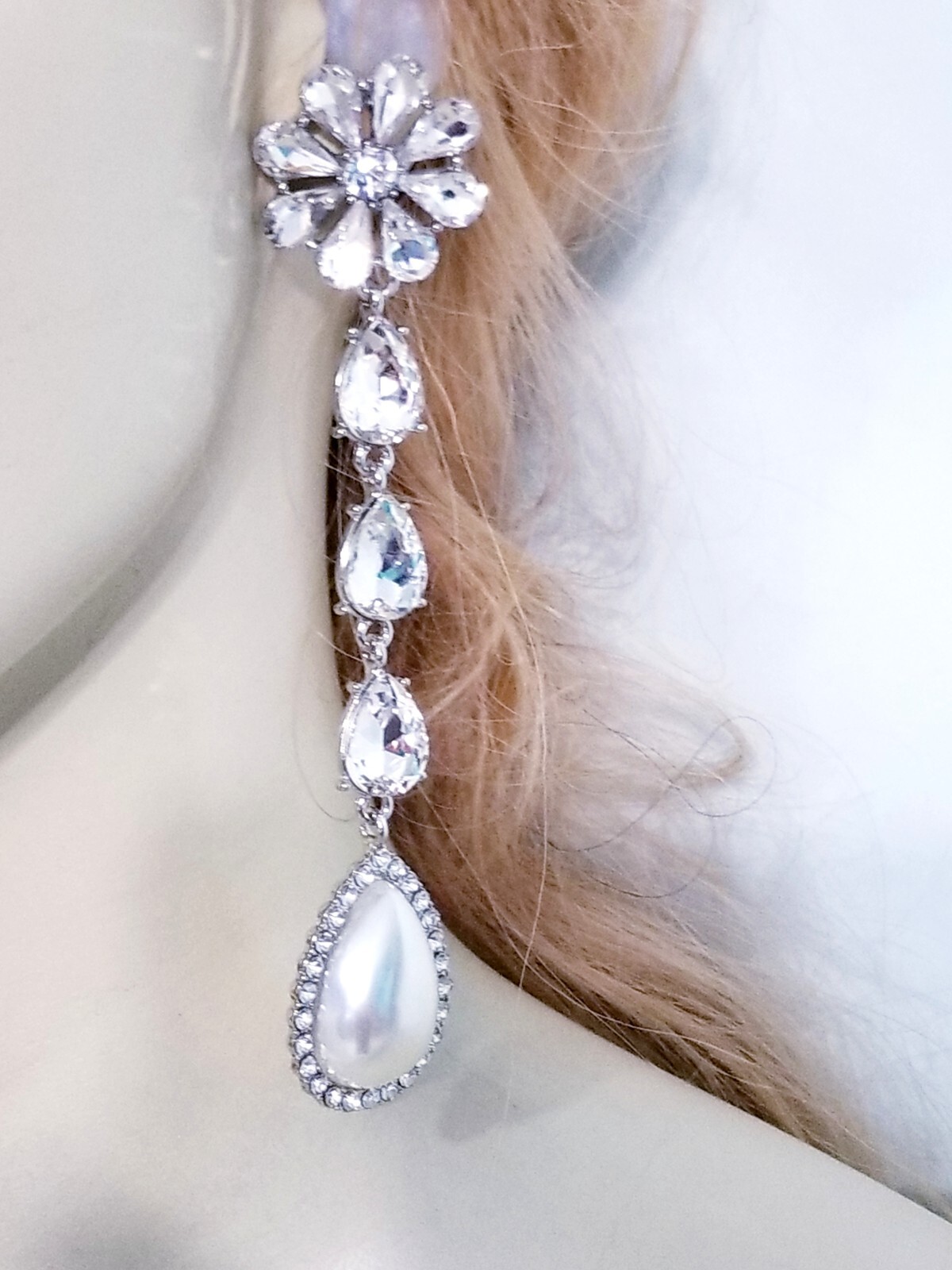 Created Pearl Dangle Chandelier Earrings 4.7 inch Clear Rhinestone Pageant Prom