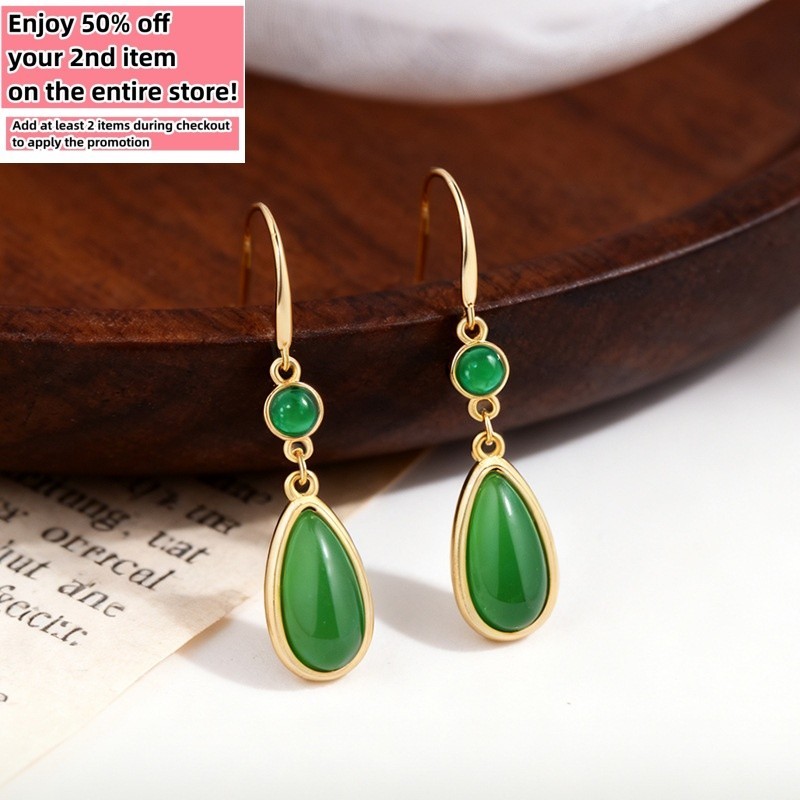 Green Jade Drop Dangle Earrings Minimalist Gemstone Hook 18K Gold Plated