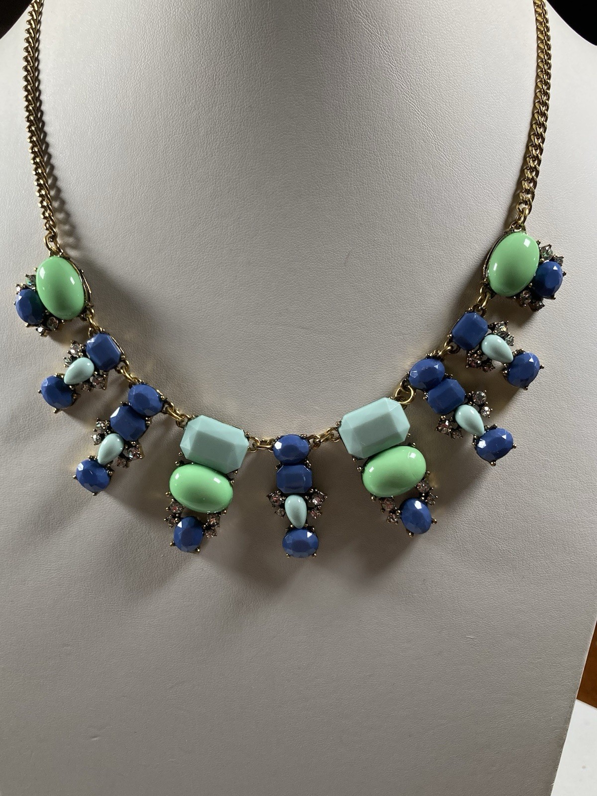 Gold Tone Blue & Green Crystal Rhinestone Statement Chain Necklace Adjustable