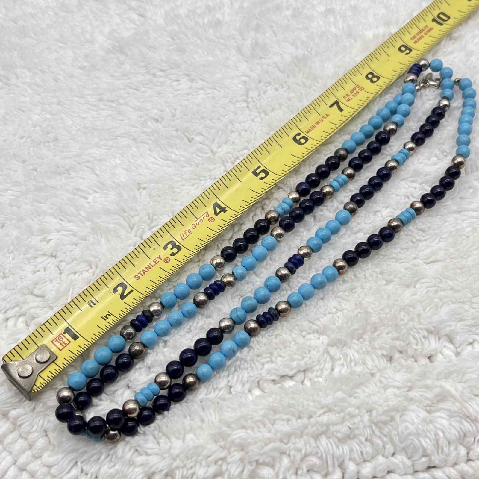 Southwestern Beaded Necklace Blue Black Stones Stamped 925 LONG READ 36″