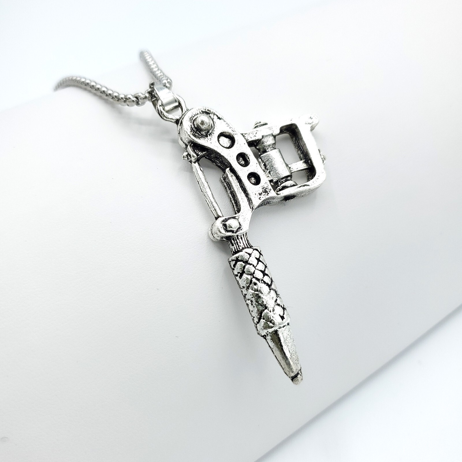 Tattoo Machine Gun SILVER Plated Necklace Ink Needle Rotary Tool Body Artist