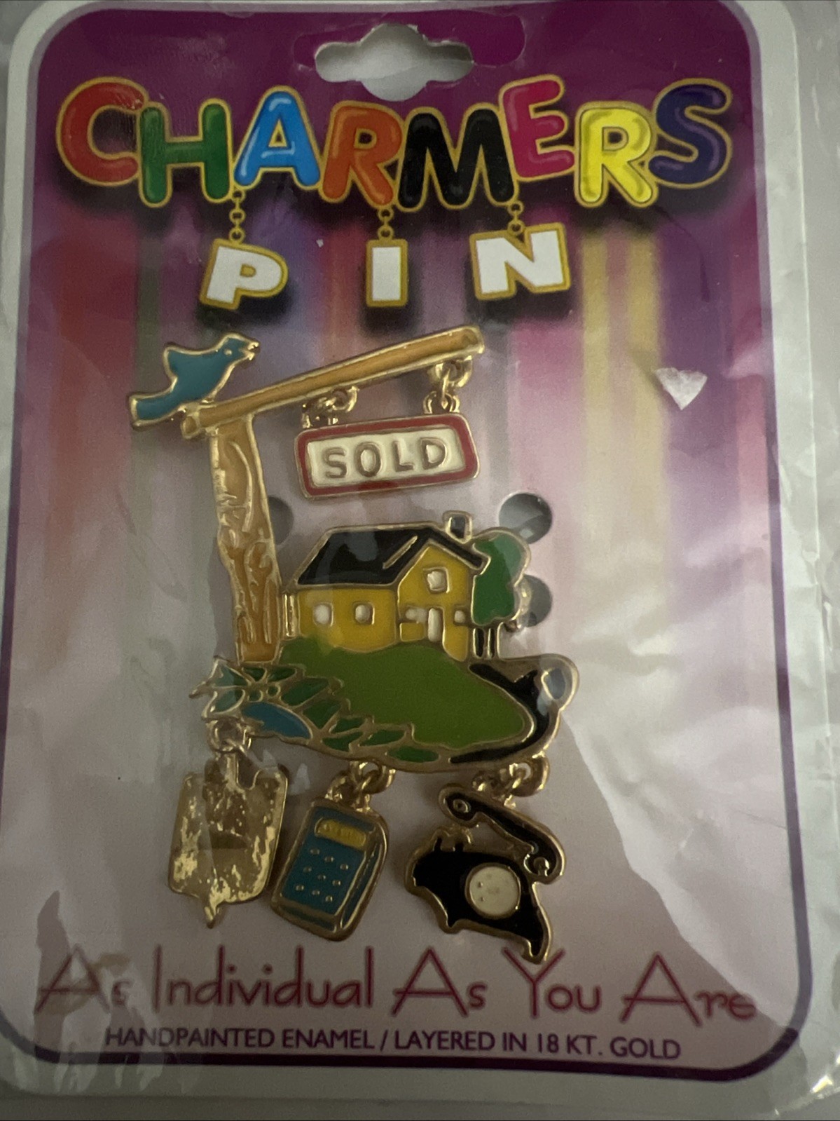 Vintage Charmers Pin 18 kt Gold layered Pin Enamel Realtor Theme Sold Pin Gift