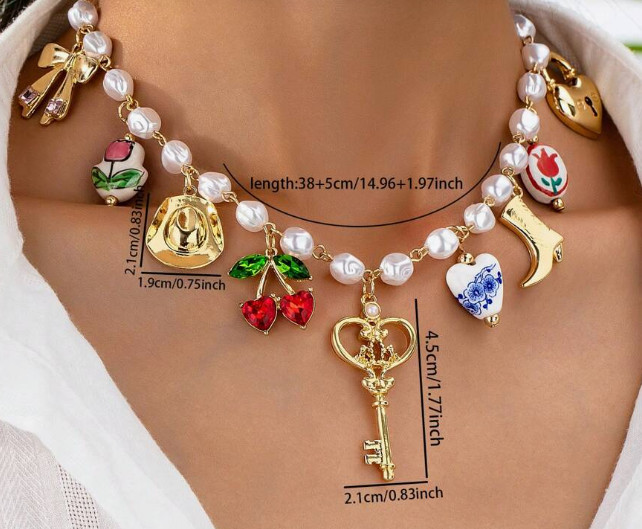 NECKLACE, Charm Necklace, Hand painted Ceramic, Faux Pearl Necklace (Ceramic
