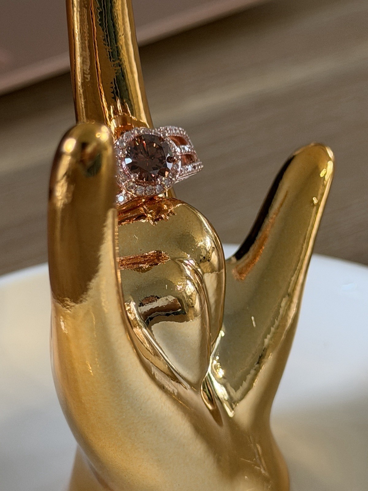 Rose Gold Tone Metal Cocktail Ring Size 6 ChampagneRound Stone Halo Pave