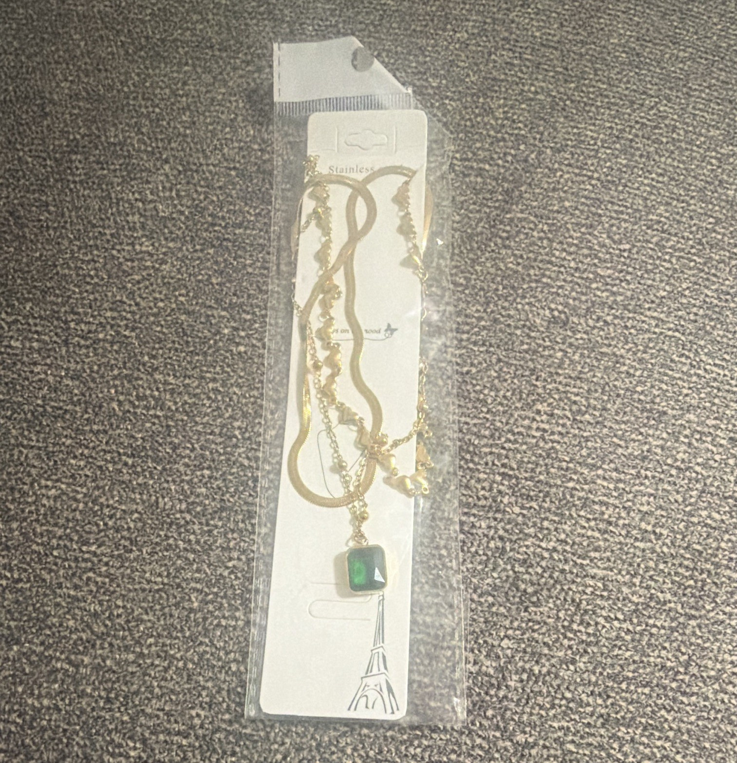 Gold Tone Stainless Steel Square Green Pendant Charm Necklace Cable Chain