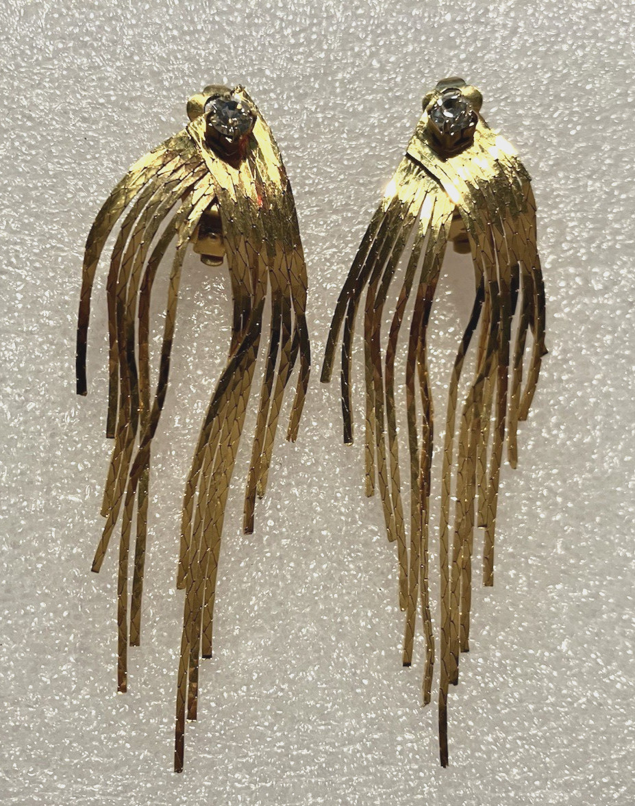 2.75″ LONG Herringbone GOLD tone TASSLE DANGLE clip-on EARRINGS w/rhinestone