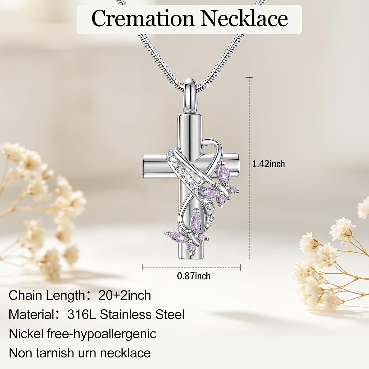 Butterfly Cross Urn Necklace for Ashes with Crystal Stainless Steel Cremation Je