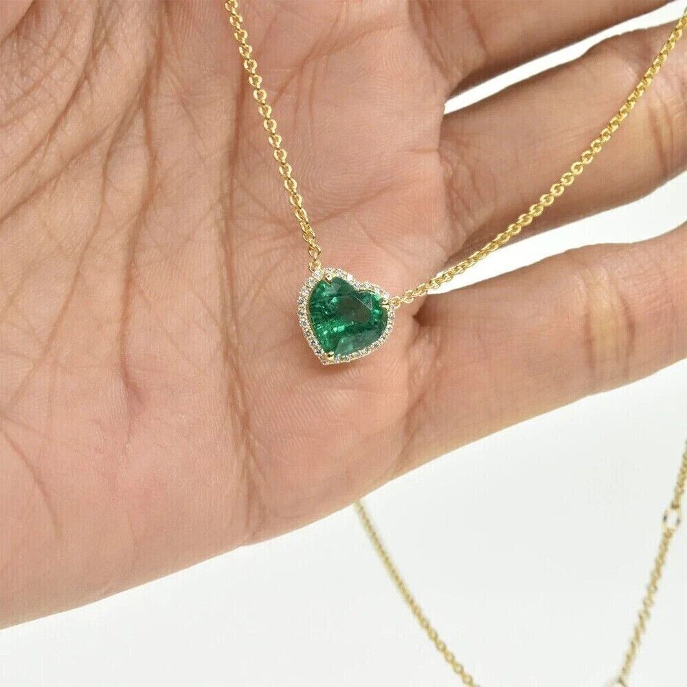 2Ct Simulated Emerald & Diamond Halo Heart Pendant Necklace Yellow Gold Plated