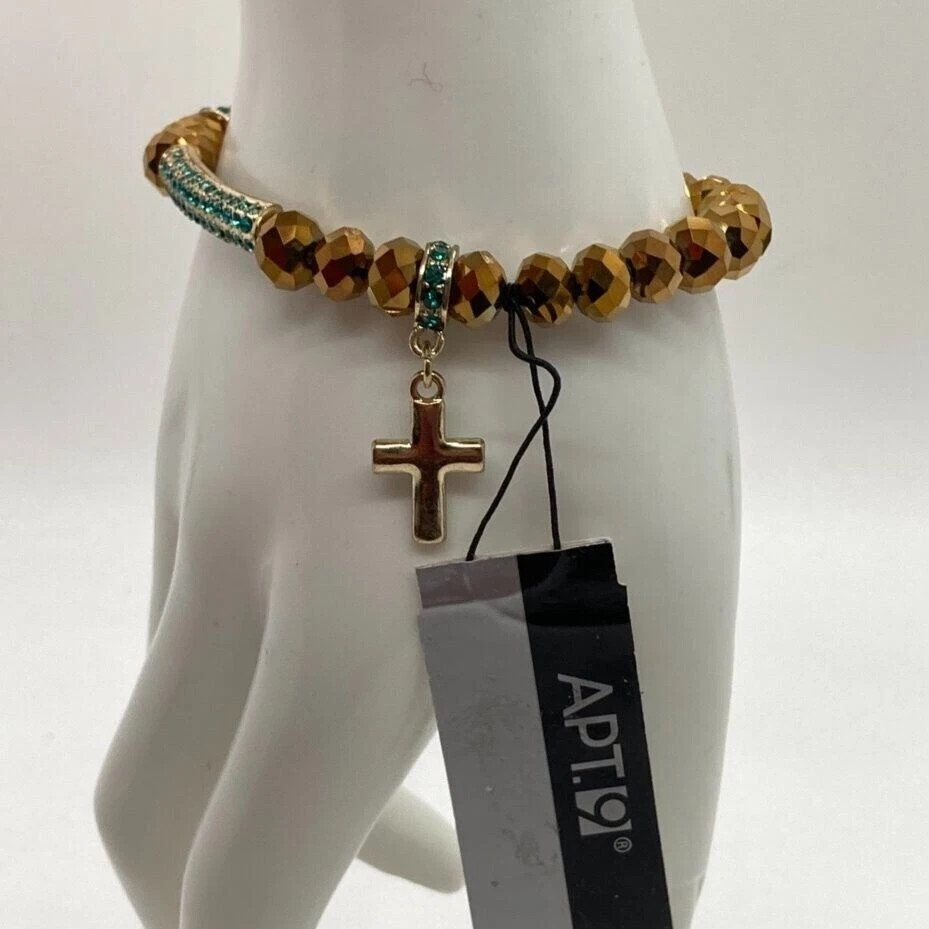 APT. 9 Gold Tone Stretch Bracelet with Faceted Beads & Green Pave Cross Charm