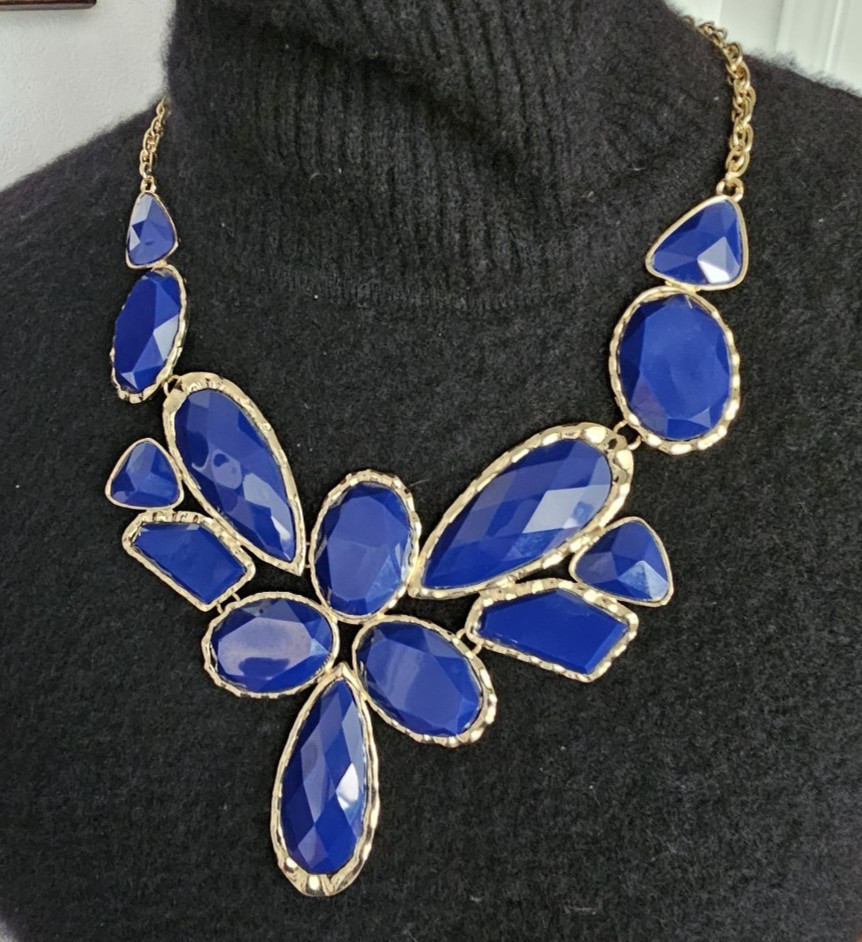 Gold Tone Blue Faceted Floral Statement Necklace Chunky Bib Necklace