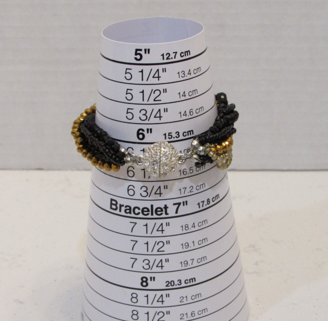 Set of 3 Beaded Bracelets Magnetic Rhinestone Clasp Multi-Strand Black Gold