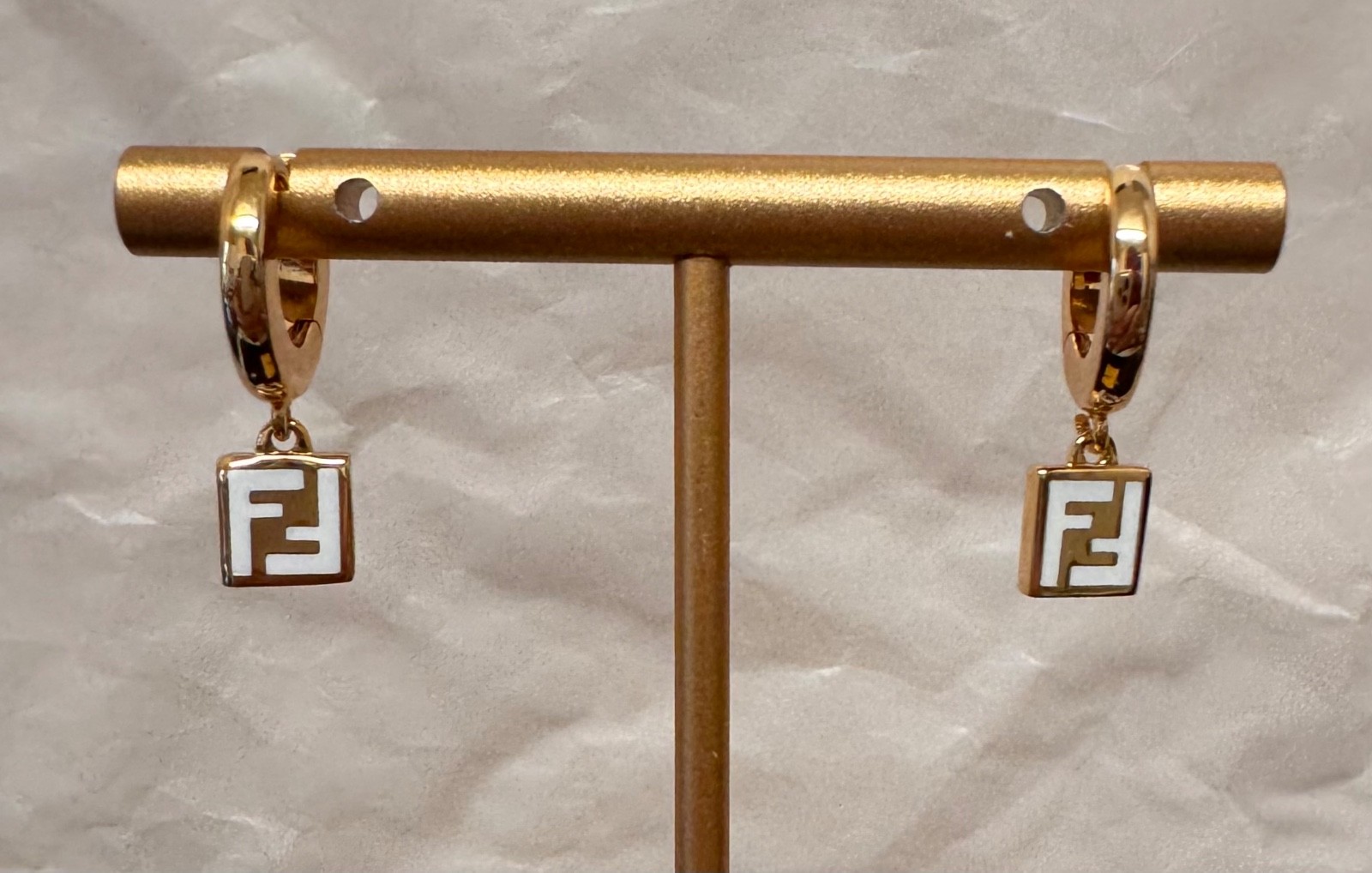 Fendi Gold Tone FF Logo Mini Hoop Earrings Charm Drop # 581