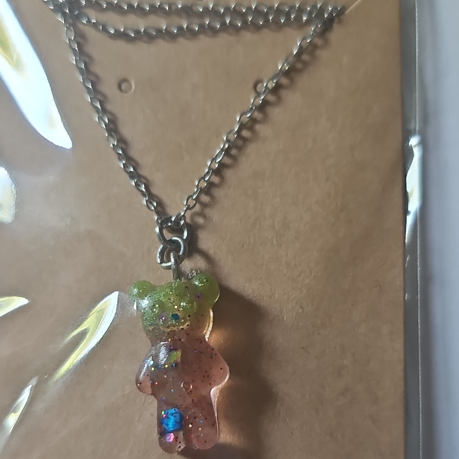 Resin Bear Charm Pendant Necklace Silver Tone Cable Chain Multicolor No Stone