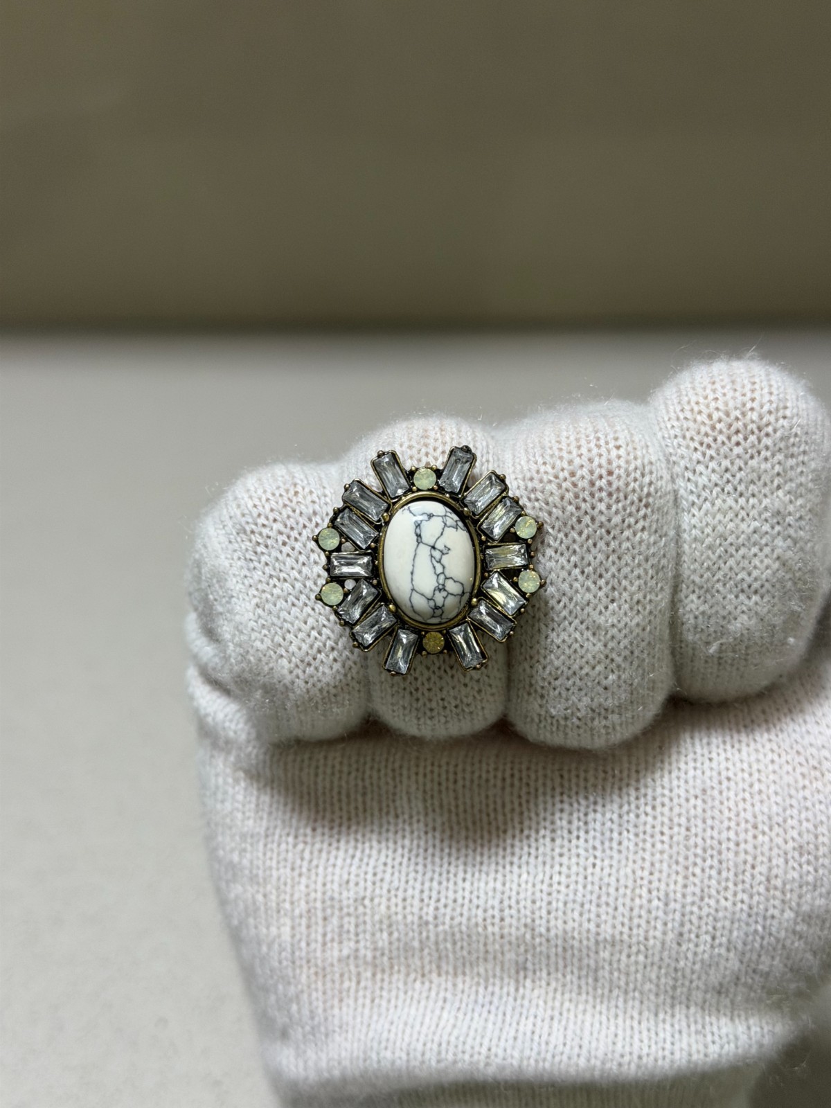Multi-Color White and Black Ring With Rectagular Stones Around Size 8.5