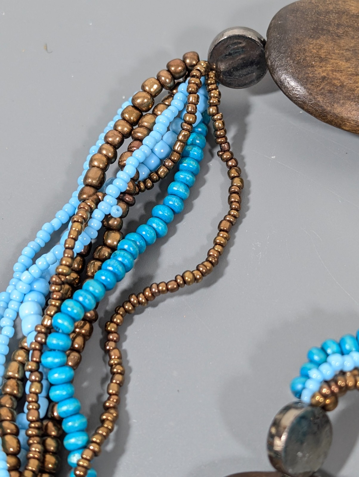 Beachy Boho Tribal Blue Bronze tone Multi Strand Bead Long Necklace 36 in