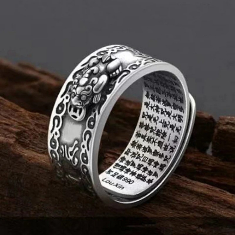 Silver Feng Shui Pixiu Adjustable Ring MANI Mantra Protection Wealth Ring USA