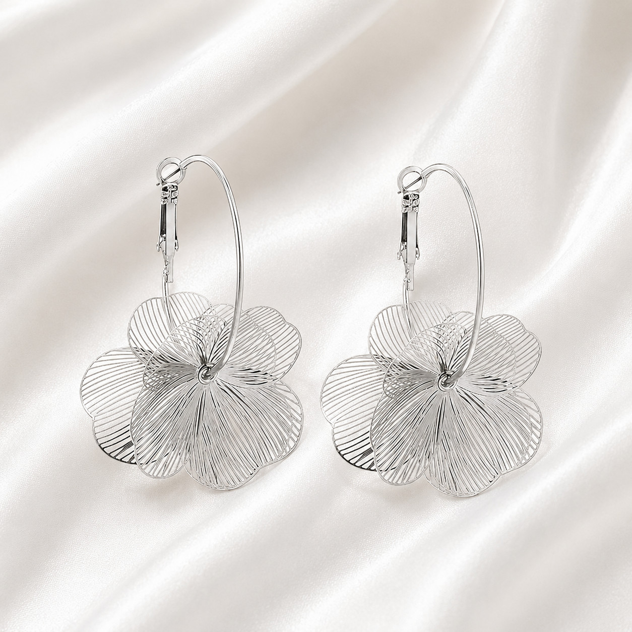 Gold Silver Flower Dangle Earrings Cute Trendy Floral Drop Hoop Women Gift