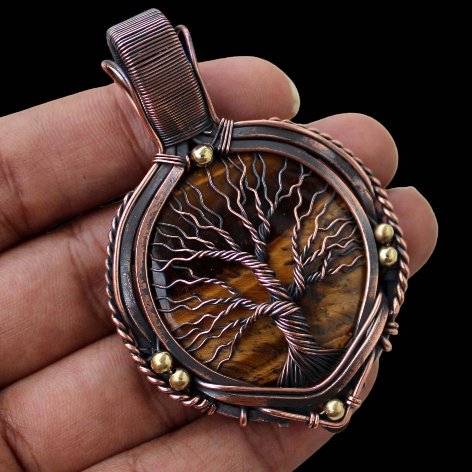 Tree Of Life Tigers Eye Pendant Copper Wire Wrapped Handmade Pendant With Chain