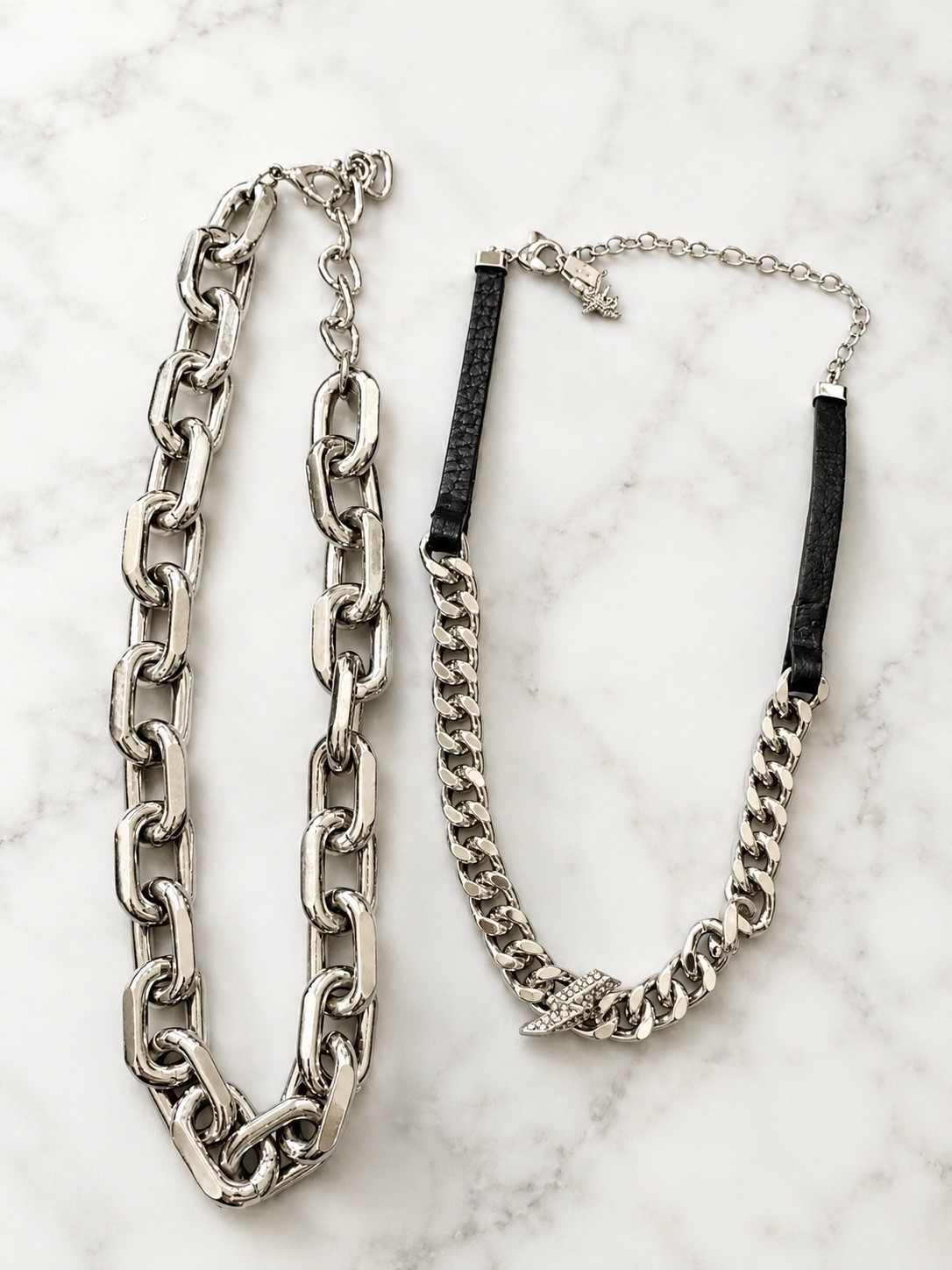 Lot of 2 Silver Tone Statement Necklaces Chunky Paperclip & Cuban Link Fashion