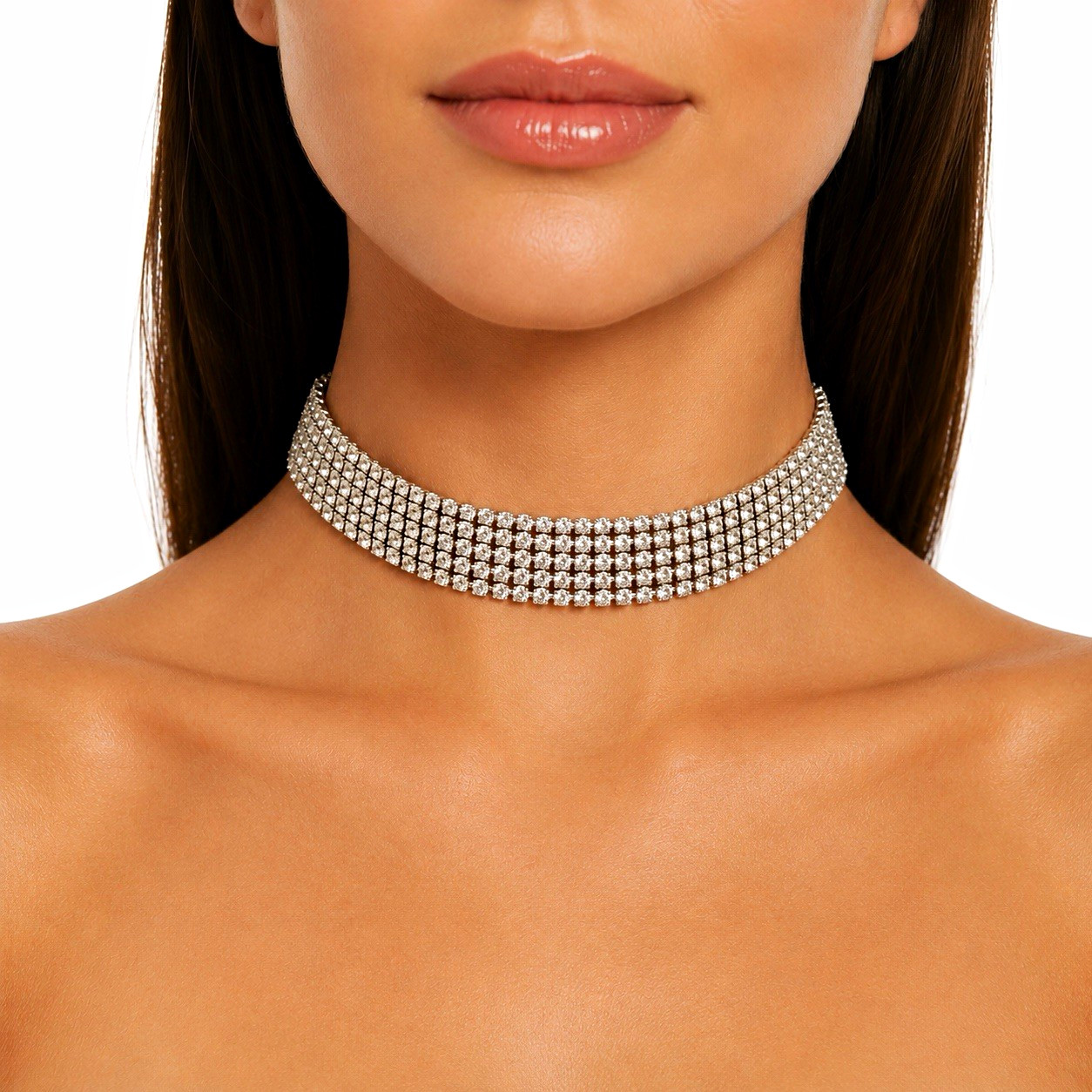 GUESS Silver-Tone Crystal Rhinestone Tennis Choker Necklace Adjustable