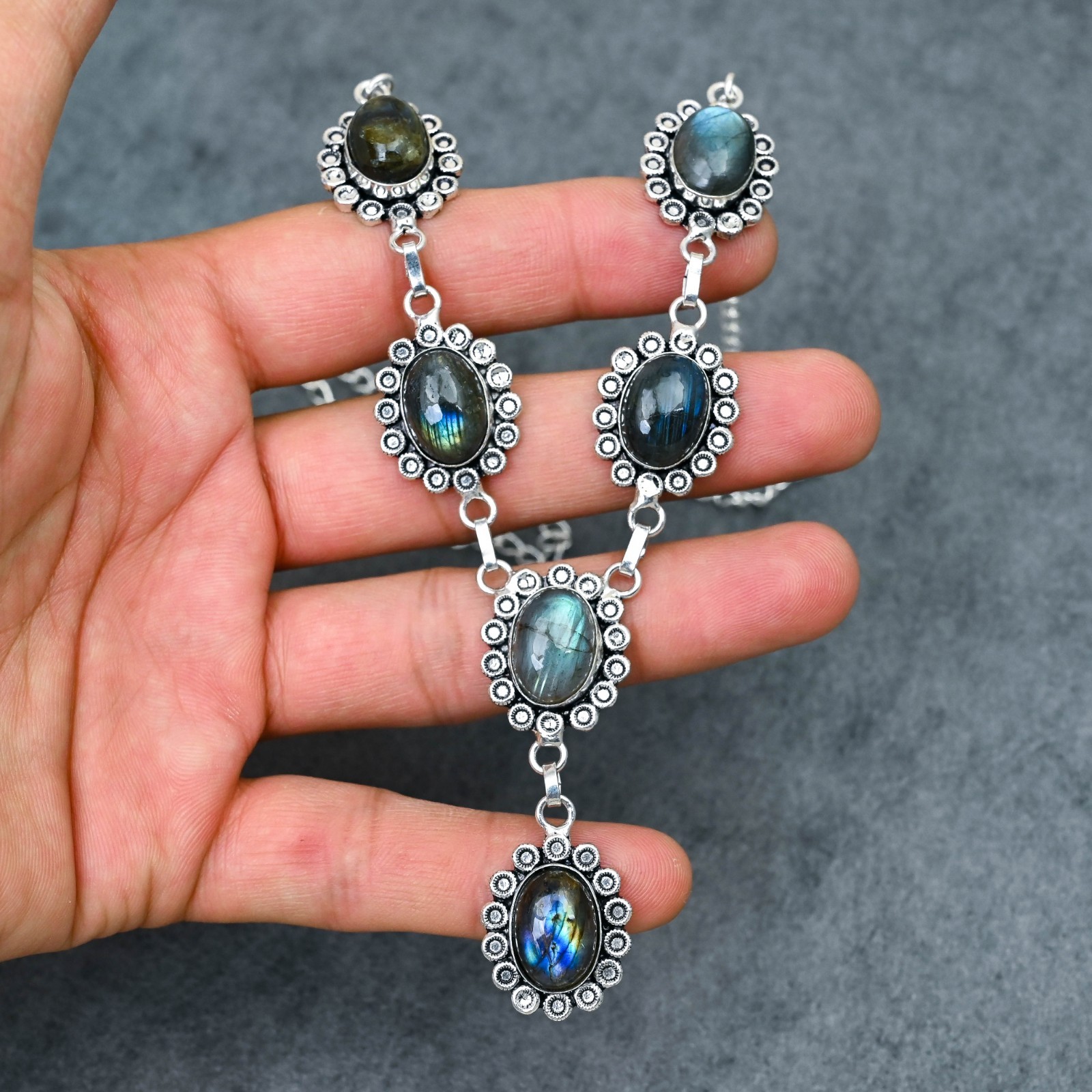 Silver Plated Labradorite Y-Necklace | Multi-Stone Milgrain Cabochon | Artisan