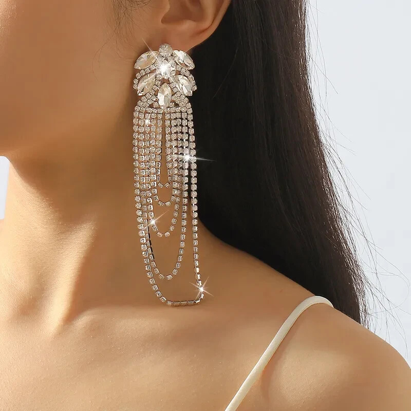 Long Drop Dangle Earrings Rhinestone Shoulder Duster Wedding Prom Pageant
