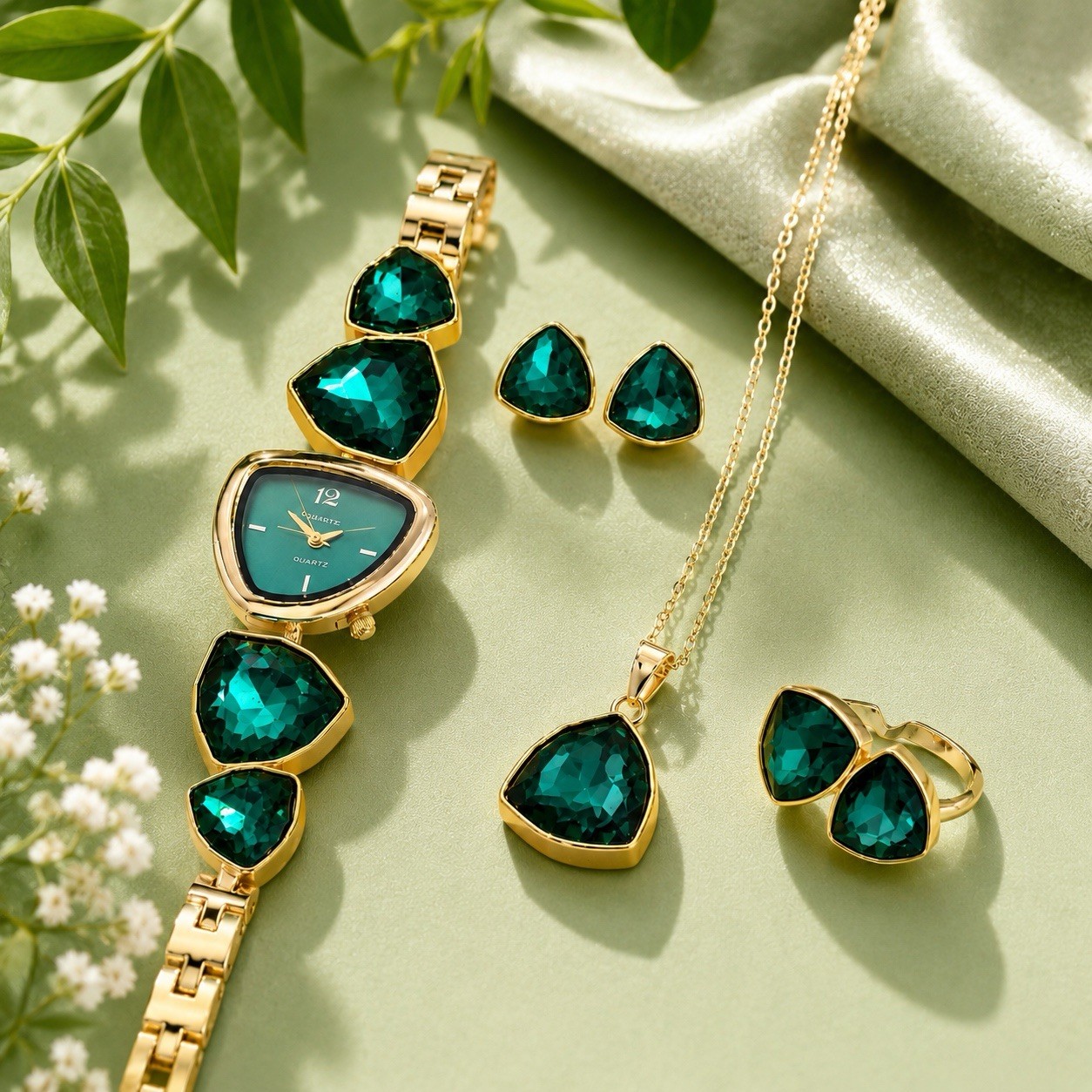 Women’s Green Crystal Jewelry Set Watch Necklace Earrings Ring Gold Tone