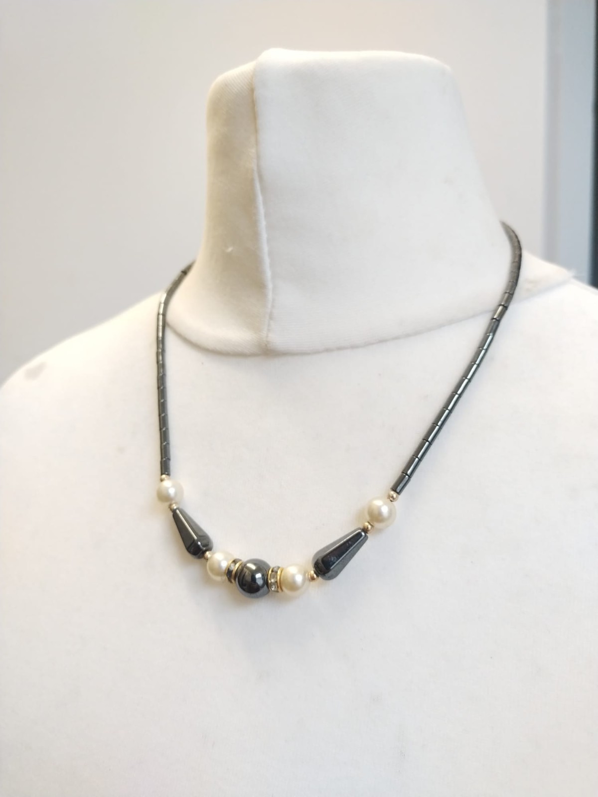 Dark Grey Magnetic Hematite Mixed Shapes Faux Pearl, Rhinestone Beaded Necklace