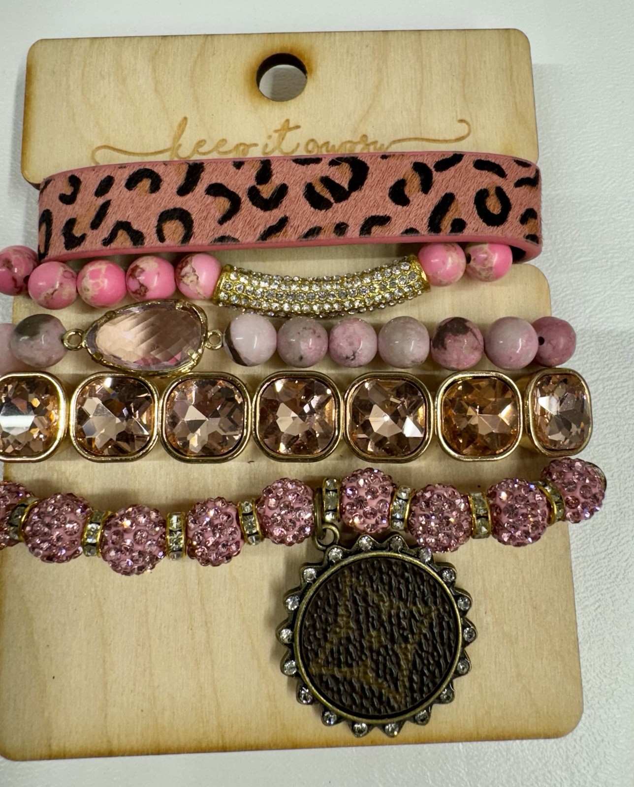SANDRA LING UPCYCLED BRACELET STACK ACRYLIC AND GLASS LEATHER GOLD TONE PINK
